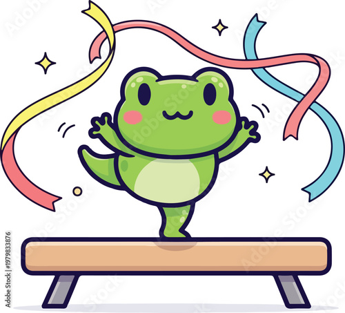 Frog doing rhythmic gymnastics on a balance beam ideal for childrens books, sportsthemed designs, and whimsical compositions.