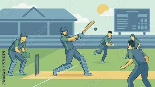 Cricket game with players on a green field and scoreboard illustration