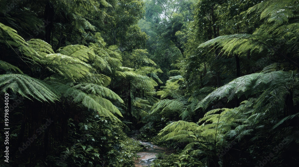 Fototapeta premium Lush Green Forest with Ferns and a Gentle Stream Flowing Through