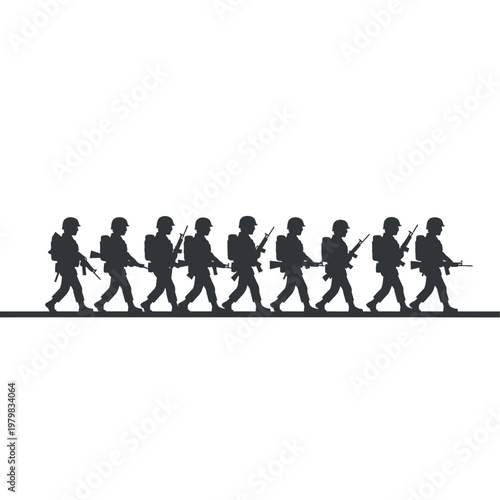 Silhouette Soldiers Marching in Formation with Rifles