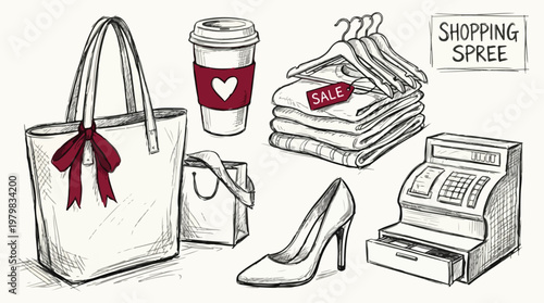 Shopping Spree Illustration with Bags, Clothes, Shoes and Cash Register Vector Graphic for Retail and Sales Promotions