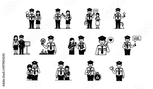Police officer character set friendly public safety situations vector illustration