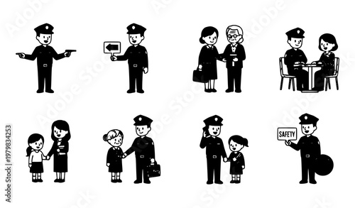 Minimal police officer situations set public safety community help vector illustration