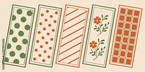 The illustration showcases various patterned rectangles with geometric and floral designs.