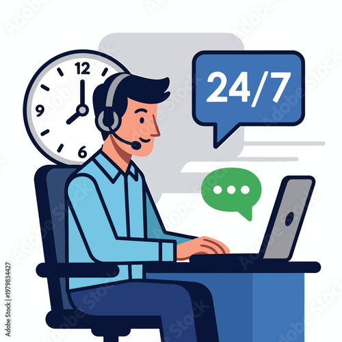 helpful male agent working at desk, 24/7 service concept