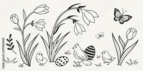 A serene spring scene features tulips, chicks, an egg, and a butterfly outdoors.