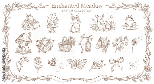 Vintage sketch set. Whimsical woodland and fairy tale elements. Sepia hand-drawn design.