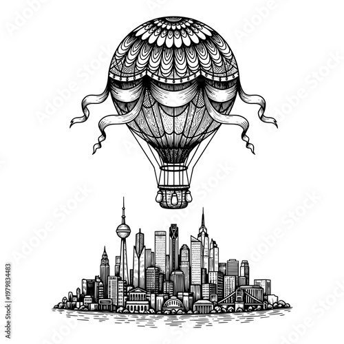 hot air balloon floating over futuristic city skyline with modern skyscrapers and waterfront at dusk