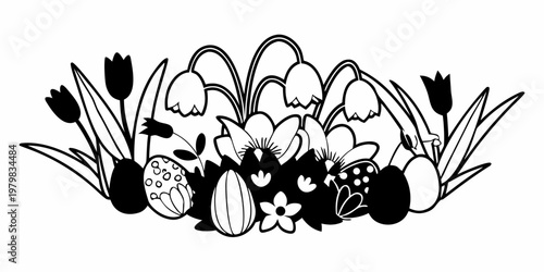 Easter eggs and spring flowers arrangement with tulips and lilies