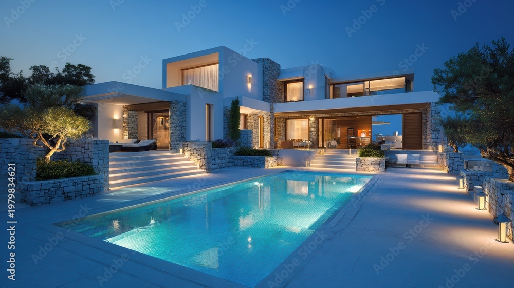 Fototapeta premium Modern Luxury Villa with Pool and Night Lighting in Beautiful Setting