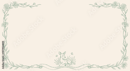 Spotted fawn rests in nature meadow. Blank ribbon daisy border frame. Vintage country baby art.