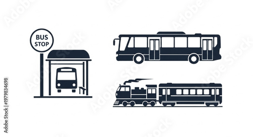 Public Transportation Icons Bus Train Station.
