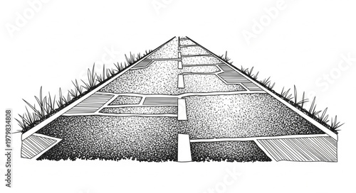 Pyramid greenhouse structure with growing plants and vegetation.