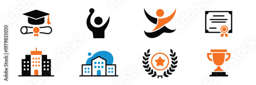 graduation ceremony icons showcasing awards and education symbols in celebratory setting with people for academic achievement and success design