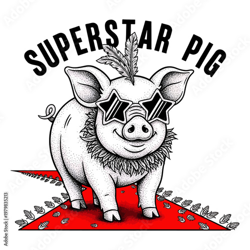 Cartoon superhero pig with sunglasses and cape on red carpet illustration