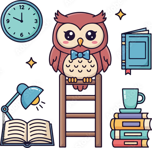 Owl perched on ladder amid books, pens, and glasses. Perfect for educational designs, stationery, and backtoschool promotions.