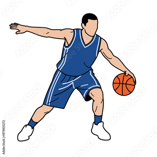 Basketball player dribbling ball in blue uniform, dynamic action pose, isolated on white