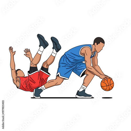 Basketball player dribbling past fallen opponent, dynamic sports illustration