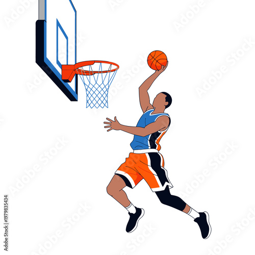 Basketball player dunking the ball into the hoop, dynamic action shot, sports illustration