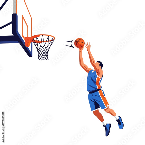 Basketball player jumping to dunk the ball into the hoop, dynamic action shot