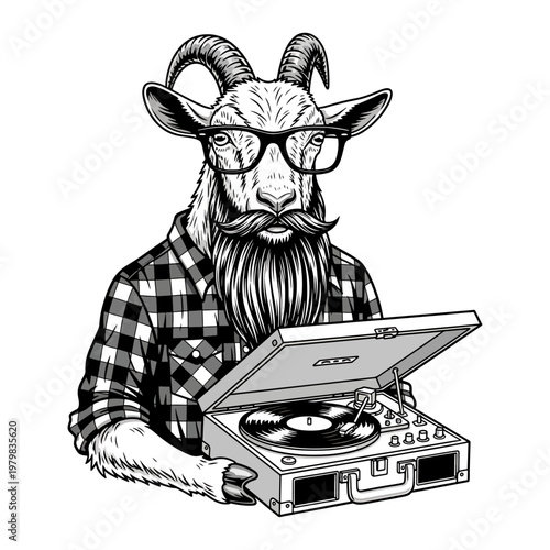 Cartoon goat wearing glasses and plaid shirt DJing on vintage turntable in black and white illustration