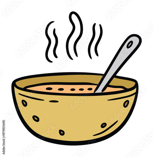 A steaming bowl of soup with a spoon, a cold day
