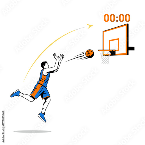 Basketball player jumping to score a slam dunk against a white background with timer