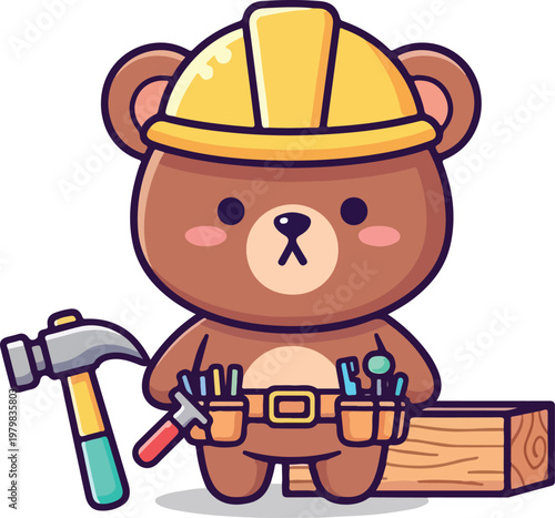 Bear with helmet and hammer next to wood, suitable for construction, carpentry, and safety concepts in design projects and presentations.