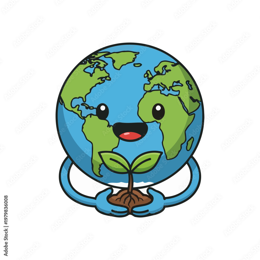 Fototapeta premium Cartoon globe character holding a plant.