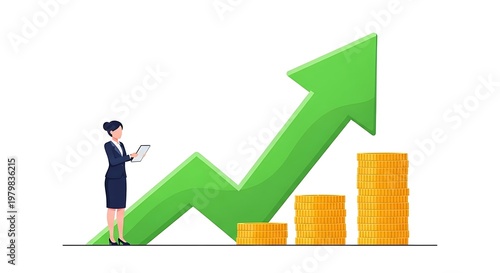 Flat Vector Illustration of Business Growth with Coins and Arrow