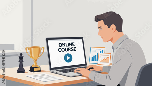 Man working on online course at desk