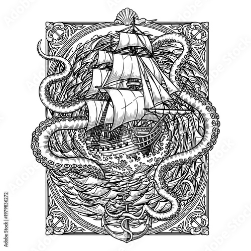 intricate line art of ancient mariner navigating stormy seas with mythical sea creatures