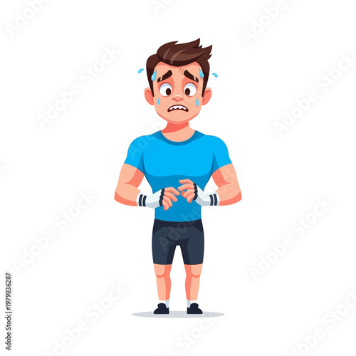 Cartoon man athlete sweating from intense workout, exhausted and worried expression