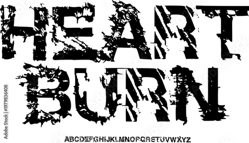 Heartburn Grunge Distressed Font Alphabet – Rough Textured Display Typeface with Burnt Decay Style for Streetwear Branding, Poster Design, Music Artwork & Urban Typography Projects