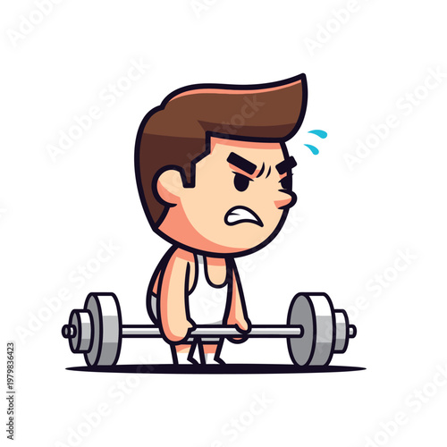 Cartoon Man Lifting Heavy Barbell, Grunting with Effort, Fitness Workout