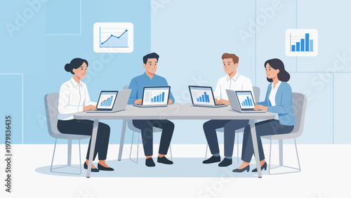 Business team in meeting with laptops