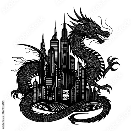 dragon and city skyline silhouette emblem for urban fantasy or gaming logo design