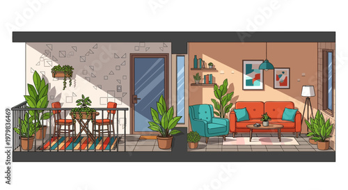 Cozy Apartment Interior with Balcony and Living Room.