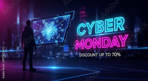 Cyber monday sale futuristic digital shopping experience with neon lights
