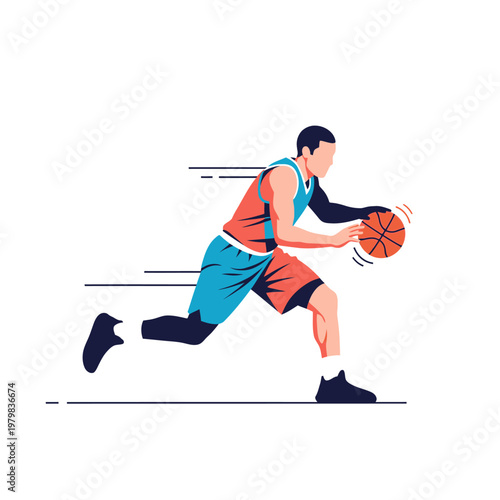 Dynamic Basketball Player Dribbling Ball in Motion, Sports Action Illustration