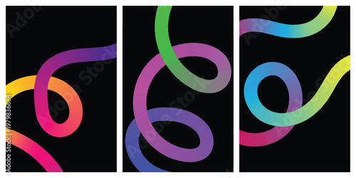 Abstract Neon Gradient Line Background Set, Modern Fluid Colorful Curves on Black Poster Design