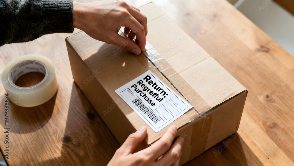 Naklejka premium Return of Regret: A pair of hands meticulously seals a cardboard box, labeled with the stark words Return: Regretful Purchase. A scene that speaks volumes about consumer choices.