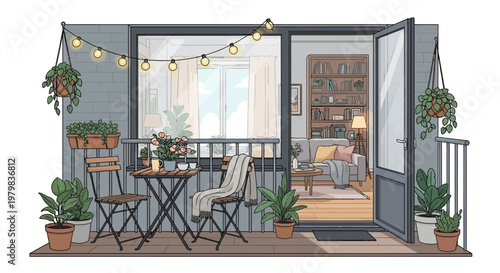 Cozy Balcony Oasis with Plants and Seating.