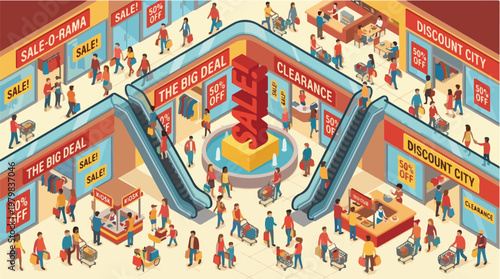 Busy Shopping Mall Interior Vector Illustration with Escalators and Sales Promotions Discount Rush Hour