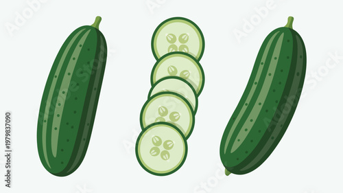 Fresh Green Cucumbers Whole and Sliced on White Background For Healthy Food Concepts