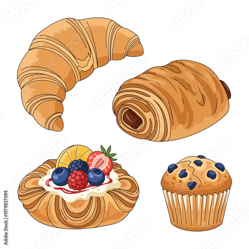 Assortment of fresh croissants and muffins with berries on white background, flat lay food photography