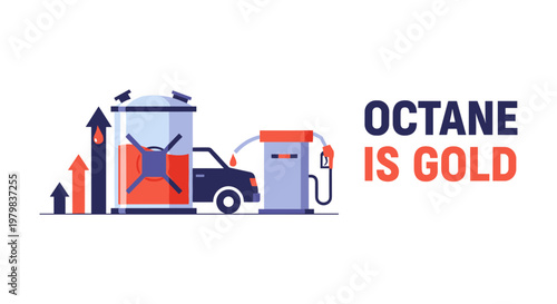 Gas station with gold octane rating in modern illustration for automotive branding