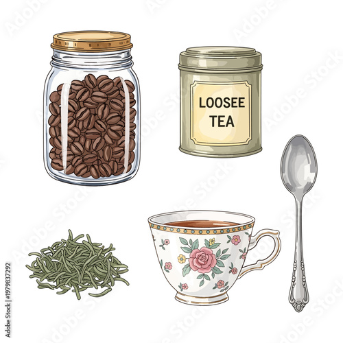 Loose leaf tea set with dried tea leaves, floral teacup, and spoon on white background
