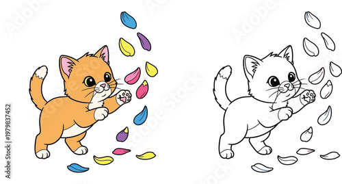 Cute Kitten Playing with Falling Flower Petals Coloring Page and Illustration Set for Kids Fun Activity and Education Vector Design