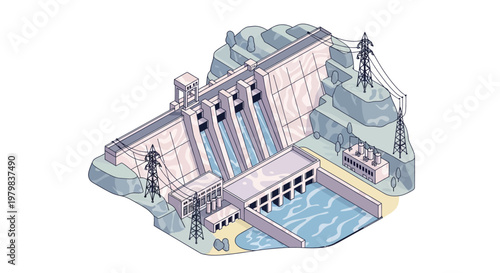 Detailed Illustration of a Large Hydroelectric Dam Structure.